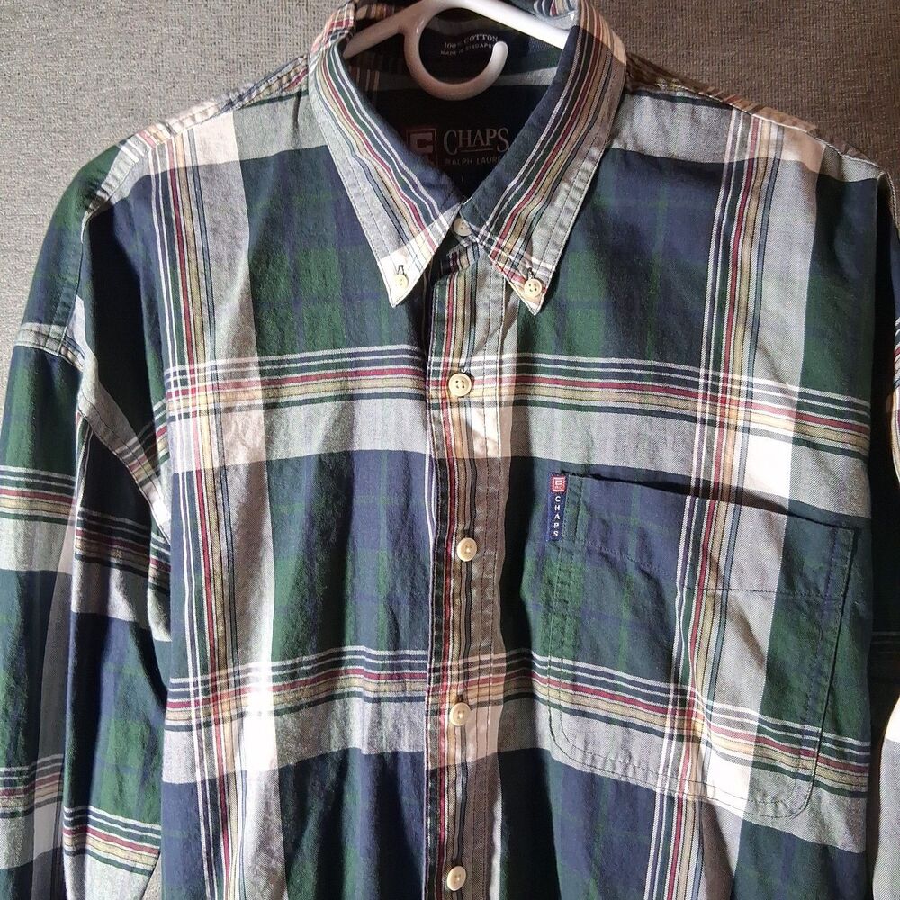 Chaps Ralph Lauren Vintage Plaid Button Down Shirt Large Green Blue Cotton